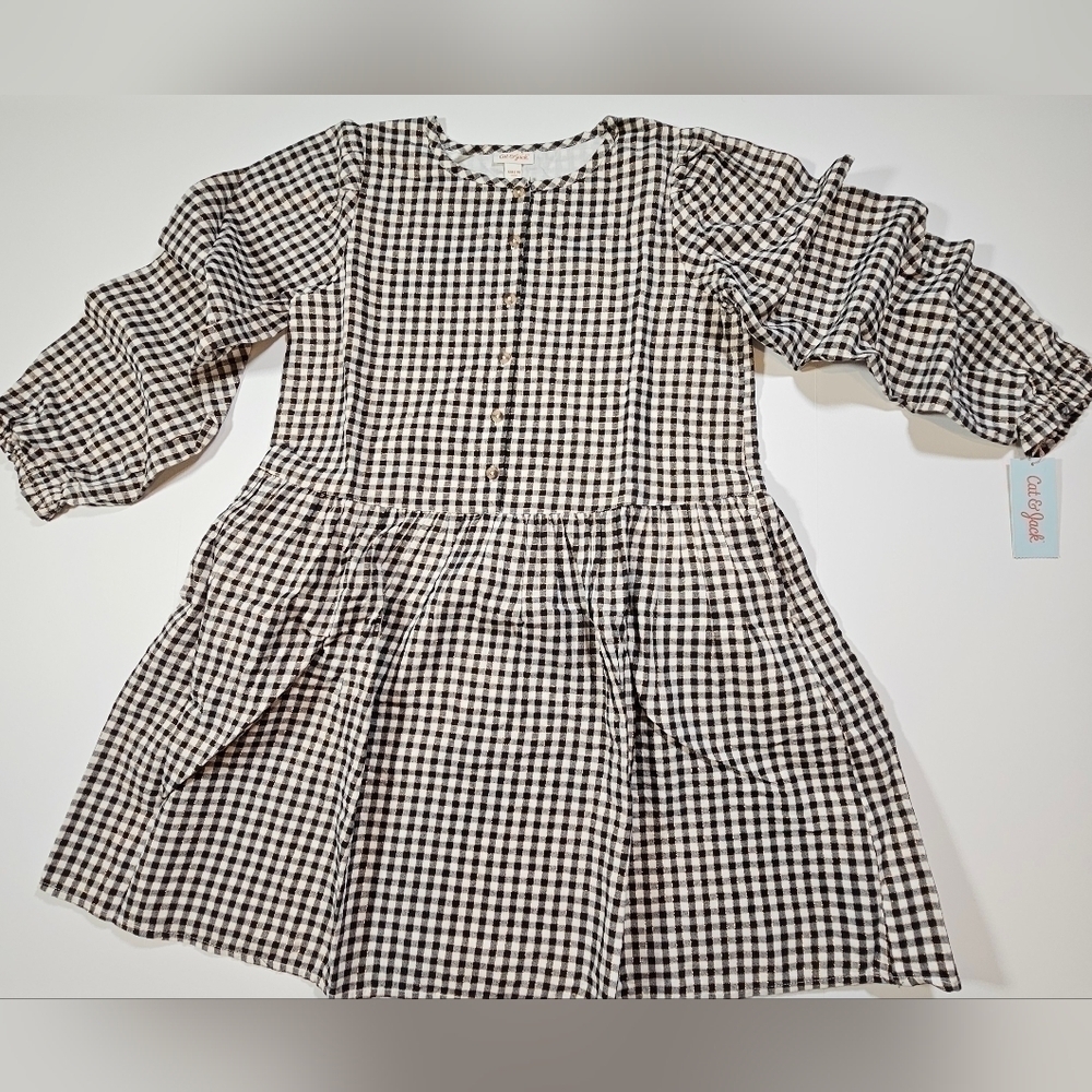 Cat & Jack Girls Dress Black White Gold Gingham Print Plaid Size XXL (18)